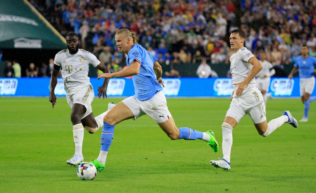 GREEN BAY, WISCONSIN - JULY 23: Erling Haaland of Manchester City celebrates after scoring their team's first goal  during the pre-season friendly match between Bayern Munich and Manchester City at Lambeau Field on July 23, 2022 in Green Bay, Wisconsin. (Photo by Matt McNulty - Manchester City/Manchester City FC via Getty Images)