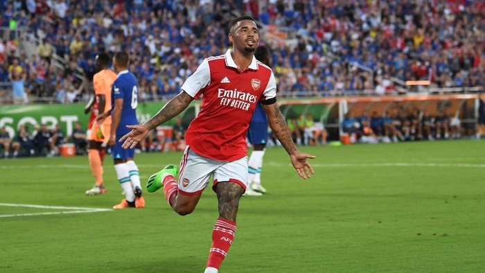ORLANDO, FLORIDA - JULY 23: Gabriel Jesus celebrates scoring Arsenals 1st goal during the Florida Cup match between Cheslea and Arsenal at Camping World Stadium on July 23, 2022 in Orlando, Florida. (Photo by David Price/Arsenal FC via Getty Images)