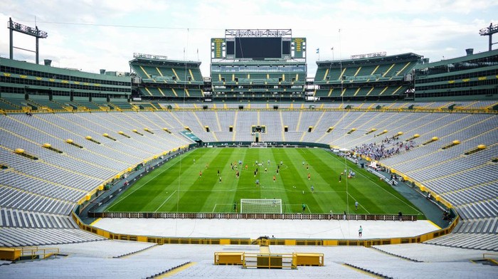GREEN BAY, WI - JULY 22: Manchester City in action during training at Lambeau Field on July 22, 2022 in Green Bay, Wisconsin. (Photo by Tom Flathers/Manchester City FC via Getty Images)