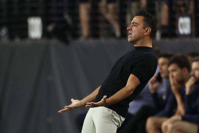 LAS VEGAS, NV - JULY 23: Head coach Xavi Hernandez of Barcelona reacts during the preseason friendly match between Real Madrid and Barcelona at Allegiant Stadium on July 23, 2022 in Las Vegas, Nevada. (Photo by Omar Vega/Getty Images)