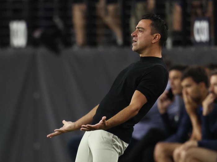 LAS VEGAS, NV - JULY 23: Head coach Xavi Hernandez of Barcelona reacts during the preseason friendly match between Real Madrid and Barcelona at Allegiant Stadium on July 23, 2022 in Las Vegas, Nevada. (Photo by Omar Vega/Getty Images)