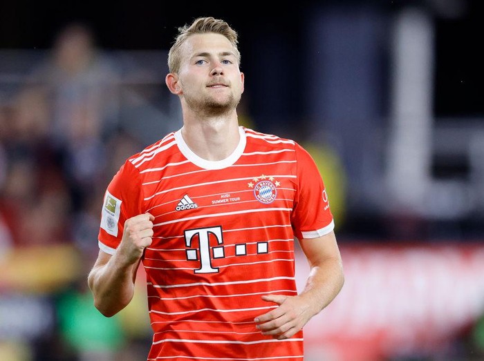 WASHINGTON, DC - JULY 20: Matthijs de Ligt #4 of Bayern Munich celebrates after scoring during the pre-season friendly match between DC United and Bayern Munich at Audi Field on July 20, 2022 in Washington, DC. (Photo by Tim Nwachukwu/Getty Images)