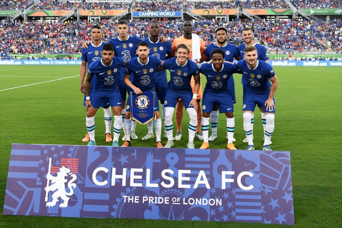 ORLANDO, FLORIDA - JULY 23: Players of Chelsea pose for a team photograph prior to  the Florida Cup match between Chelsea and Arsenal at Camping World Stadium on July 23, 2022 in Orlando, Florida. (Photo by Darren Walsh/Chelsea FC via Getty Images)