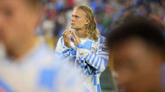 GREEN BAY, WISCONSIN - JULY 23: Erling Haaland of Manchester City walks off after  the pre-season friendly match between Bayern Munich and Manchester City at Lambeau Field on July 23, 2022 in Green Bay, Wisconsin. (Photo by Justin Casterline/Getty Images)