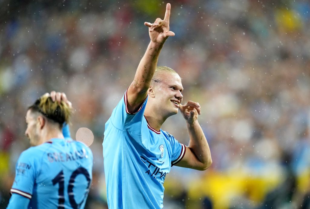 GREEN BAY, WISCONSIN - JULY 23: Erling Haaland of Manchester City celebrates after scoring their team's first goal  during the pre-season friendly match between Bayern Munich and Manchester City at Lambeau Field on July 23, 2022 in Green Bay, Wisconsin. (Photo by Matt McNulty - Manchester City/Manchester City FC via Getty Images)