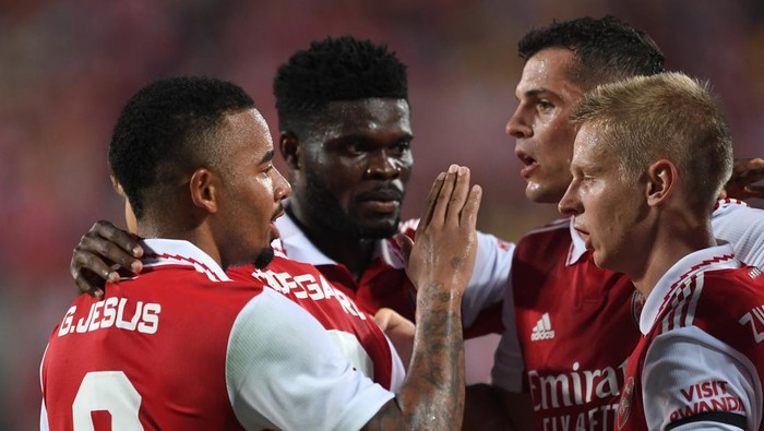 ORLANDO, FLORIDA - JULY 23: Gabriel Jesus, Thomas Partey, Granit Xhaka and Oleksandr Zinchenko celebrate the 2nd Arsenal goal during the Florida Cup match between Chelsea and Arsenal at Camping World Stadium on July 23, 2022 in Orlando, Florida. (Photo by David Price/Arsenal FC via Getty Images)