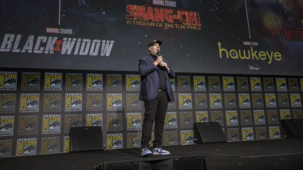 SAN DIEGO, CALIFORNIA - JULY 23: Kevin Feige speaks onstage at the Marvel Cinematic Universe Mega-Panel during  2022 Comic-Con International Day 3 at San Diego Convention Center on July 23, 2022 in San Diego, California. (Photo by Daniel Knighton/Getty Images)