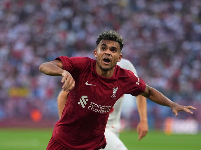 LEIPZIG, GERMANY - JULY 21: Luis Diaz of Liverpool FC looks on during the pre-season friendly match between RB Leipzig and Liverpool FC at Red Bull Arena on July 21, 2022 in Leipzig, Germany. (Photo by Thor Wegner/DeFodi Images via Getty Images)
