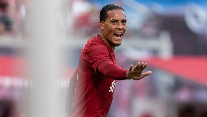 LEIPZIG, GERMANY - JULY 21: Virgil Van Dijk of Liverpool FC
 reacts during the pre-season friendly match between RB Leipzig and Liverpool FC at Red Bull Arena on July 21, 2022 in Leipzig, Germany. (Photo by Boris Streubel/Getty Images)