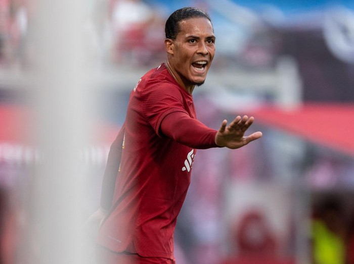 LEIPZIG, GERMANY - JULY 21: Virgil Van Dijk of Liverpool FC
 reacts during the pre-season friendly match between RB Leipzig and Liverpool FC at Red Bull Arena on July 21, 2022 in Leipzig, Germany. (Photo by Boris Streubel/Getty Images)