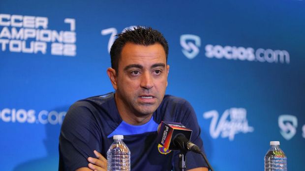 DALLAS, TX - JULY 25: Head coach of Barcelona Xavi Hernandez speaks during a press conference ahead of a match between FC Barcelona and Juventus FC at Cotton Bowl on July 25, 2022 in Dallas, Texas. (Photo by Omar Vega/Getty Images)