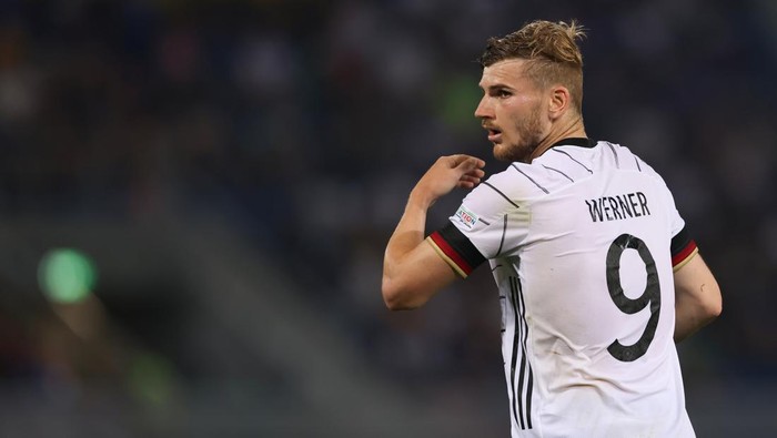 BOLOGNA, ITALY - JUNE 04: Timo Werner of Germany reacts during the UEFA Nations League League A Group 3 match between Italy and Germany at Renato DallAra Stadium on June 04, 2022 in Bologna, Italy. (Photo by Jonathan Moscrop/Getty Images)