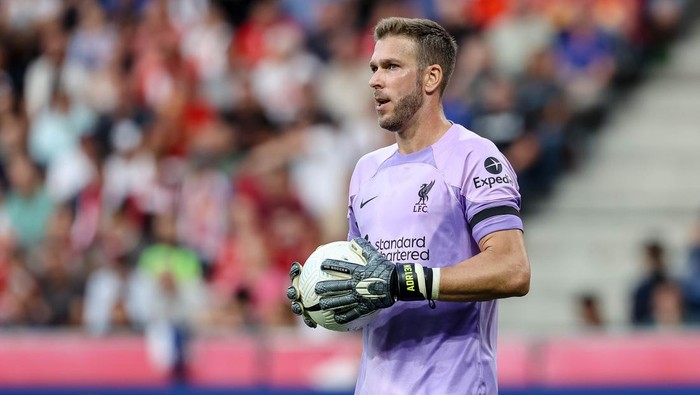 SALZBURG, AUSTRIA - JULY 27: goalkeeper Adrian of Liverpool FC looks on during the pre-season friendly match between FC Red Bull Salzburg and FC Liverpool at Red Bull Arena on July 27, 2022 in Salzburg, Austria. (Photo by Roland Krivec/DeFodi Images via Getty Images)