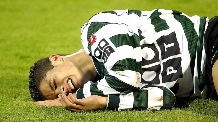 Cristiano Ronaldo lies injured playing for Sporting Lisbon aged 17, January 30, 2002, before his transfer to the English Premiership team Manchester United. (Photo by CityFiles/WireImage)