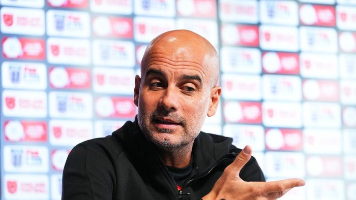 MANCHESTER, ENGLAND - JULY 29: Pep Guardiola, manager of Manchester City speaks during a press conference at Manchester City Academy Stadium on July 29, 2022 in Manchester, England. (Photo by Matt McNulty - Manchester City/Manchester City FC via Getty Images)