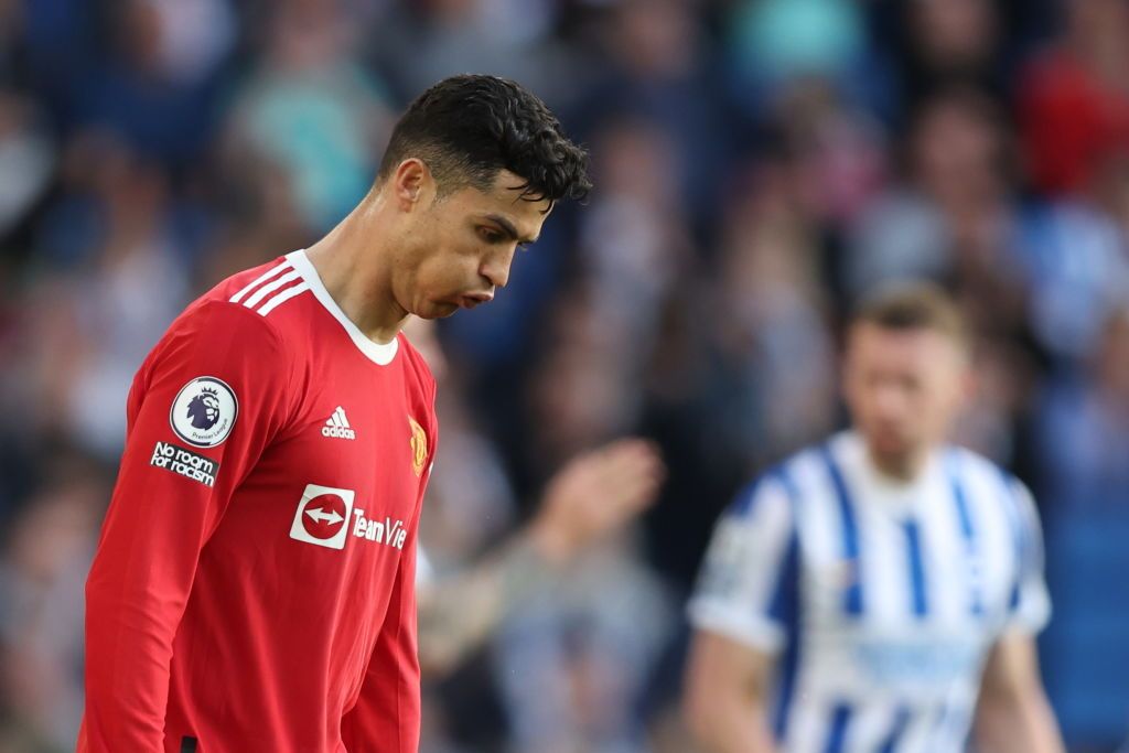 BRIGHTON, ENGLAND - MAY 07: Cristiano Ronaldo of Manchester United dejected during the Premier League match between Brighton & Hove Albion and Manchester United at American Express Community Stadium on May 7, 2022 in Brighton, United Kingdom. (Photo by Matthew Ashton - AMA/Getty Images)