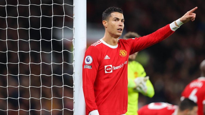 MANCHESTER, ENGLAND - MARCH 12: Cristiano Ronaldo of Manchester United gestures during the Premier League match between Manchester United and Tottenham Hotspur at Old Trafford on March 12, 2022 in Manchester, England. (Photo by James Gill - Danehouse/Getty Images)