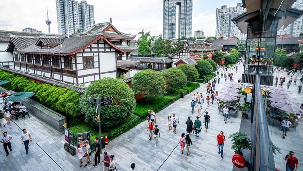 Chengdu China, 3 August 2019 : Top view of Sino-Ocean Taikoo Li and Daci temple in Chengdu Sichuan China
