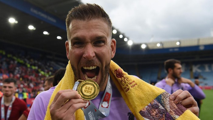 LEICESTER, ENGLAND - JULY 30: (THE SUN OUT,THE SUN ON SUNDAY OUT ) Adrian of Liverpool with his medal   at The King Power Stadium on July 30, 2022 in Leicester, England. (Photo by John Powell/Liverpool FC via Getty Images)