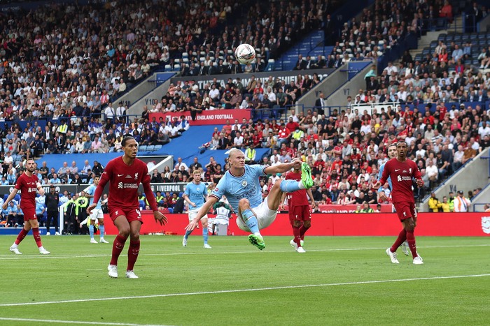 LEICESTER, ENGLAND - JULY 30: Erling Haaland of Manchester City during The Community Shield match between Manchester City and Liverpool at The King Power Stadium on July 30, 2022 in Leicester, England. (Photo by Mark Leech/Offside/Offside via Getty Images)