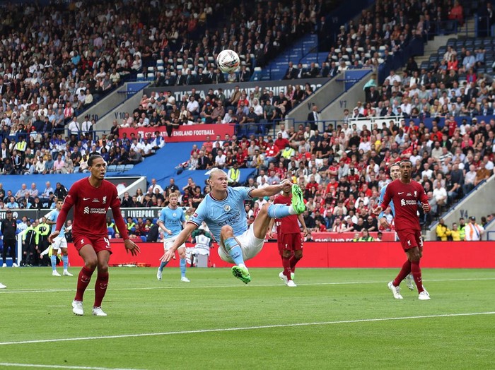 LEICESTER, ENGLAND - JULY 30: Erling Haaland of Manchester City during The Community Shield match between Manchester City and Liverpool at The King Power Stadium on July 30, 2022 in Leicester, England. (Photo by Mark Leech/Offside/Offside via Getty Images)