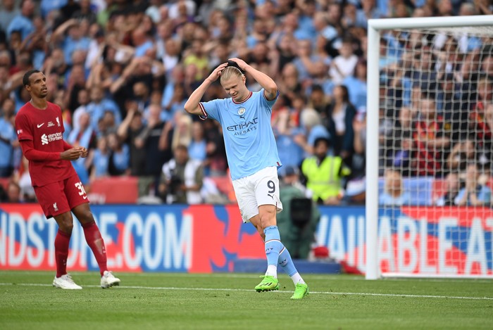 LEICESTER, ENGLAND - JULY 30: Erling Haaland of Manchester City reacts after a missed opportunity during The FA Community Shield between Manchester City and Liverpool FC at The King Power Stadium on July 30, 2022 in Leicester, England. (Photo by Michael Regan - The FA/The FA via Getty Images)