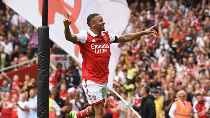 LONDON, ENGLAND - JULY 30: Gabriel Jesus celebrates scoring the 2nd Arsenal goal during the Emirates Cup match between Arsenal and Seville at Emirates Stadium on July 30, 2022 in London, England. (Photo by Stuart MacFarlane/Arsenal FC via Getty Images)