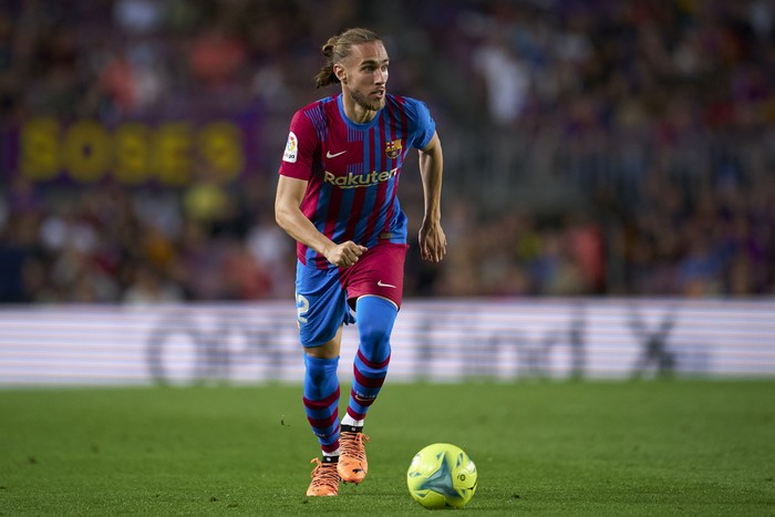 BARCELONA, SPAIN - MAY 22: Oscar Mingueza of FC Barcelona ai during the LaLiga Santander match between FC Barcelona and Villarreal CF at Camp Nou on May 22, 2022 in Barcelona, Spain. (Photo by Manuel Queimadelos/Quality Sport Images/Getty Images)