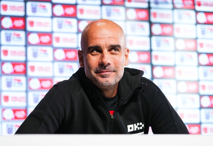 MANCHESTER, ENGLAND - JULY 29: Pep Guardiola, manager of Manchester City speaks during a press conference at Manchester City Academy Stadium on July 29, 2022 in Manchester, England. (Photo by Matt McNulty - Manchester City/Manchester City FC via Getty Images)