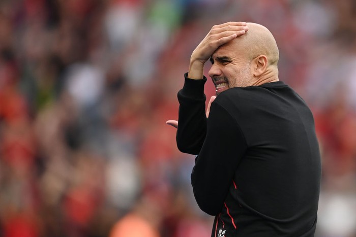 LEICESTER, ENGLAND - JULY 30: Manchester City manager Pep Guardiola looks on during the The FA Community Shield between Manchester City and  Liverpool at The King Power Stadium on July 30, 2022 in Leicester, England. (Photo by Michael Regan - The FA/The FA via Getty Images)