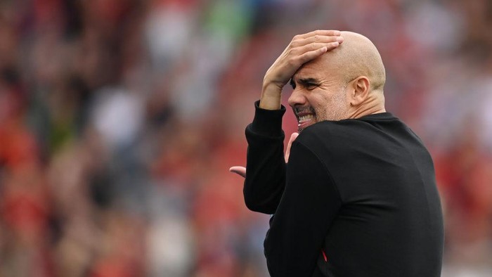 LEICESTER, ENGLAND - JULY 30: Manchester City manager Pep Guardiola looks on during the The FA Community Shield between Manchester City and  Liverpool at The King Power Stadium on July 30, 2022 in Leicester, England. (Photo by Michael Regan - The FA/The FA via Getty Images)