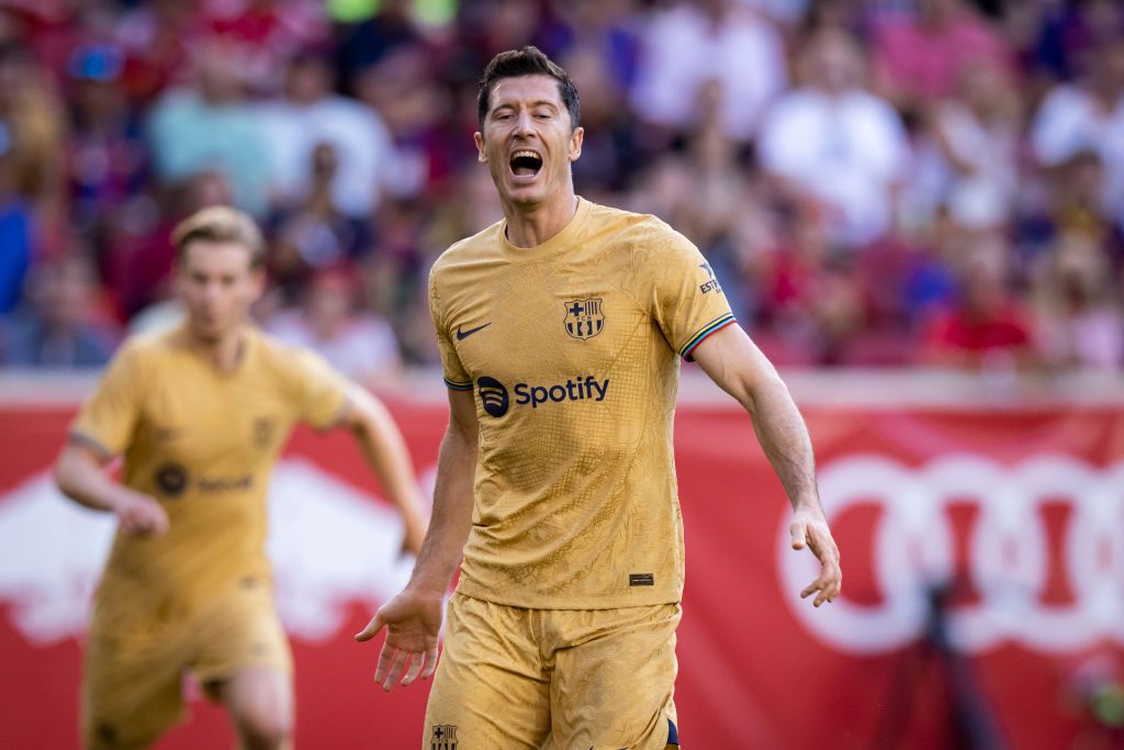 DALLAS, TX - JULY 26: Robert Lewandowski #12 of Barcelona gestures during the preseason friendly match between FC Barcelona and Juventus FC at Cotton Bowl on July 26, 2022 in Dallas, Texas. (Photo by Omar Vega/Getty Images)