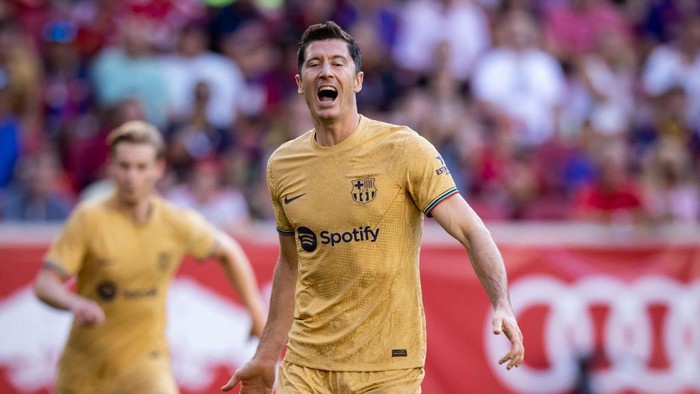 DALLAS, TX - JULY 26: Robert Lewandowski #12 of Barcelona gestures during the preseason friendly match between FC Barcelona and Juventus FC at Cotton Bowl on July 26, 2022 in Dallas, Texas. (Photo by Omar Vega/Getty Images)