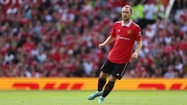 MANCHESTER, ENGLAND - JULY 31: Christian Eriksen of Manchester United during the pre-season friendly between Manchester United and Rayo Vallecano at Old Trafford on July 31, 2022 in Manchester, England. (Photo by Matthew Ashton - AMA/Getty Images)