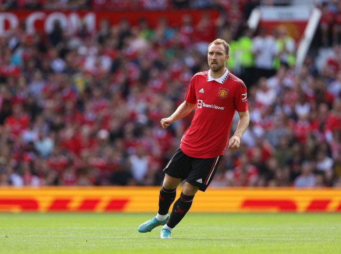 MANCHESTER, ENGLAND - JULY 31: Christian Eriksen of Manchester United during the pre-season friendly between Manchester United and Rayo Vallecano at Old Trafford on July 31, 2022 in Manchester, England. (Photo by Matthew Ashton - AMA/Getty Images)