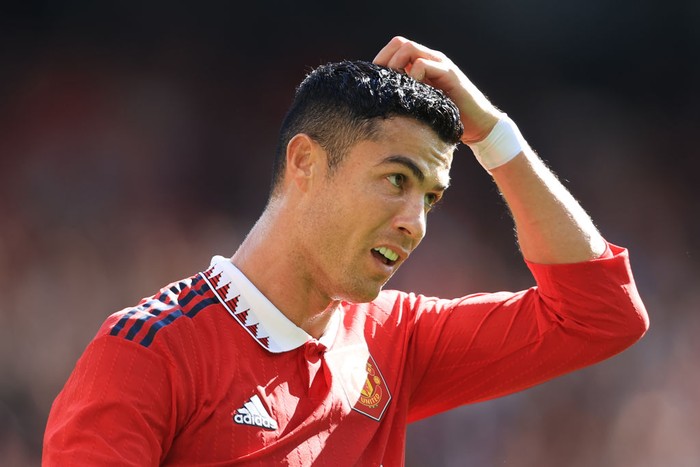 MANCHESTER, ENGLAND - JULY 31: Cristiano Ronaldo of Manchester United scratches his head during the Pre-Season Friendly match between Manchester United and Rayo Vallecano at Old Trafford on July 31, 2022 in Manchester, England. (Photo by Simon Stacpoole/Offside/Offside via Getty Images)