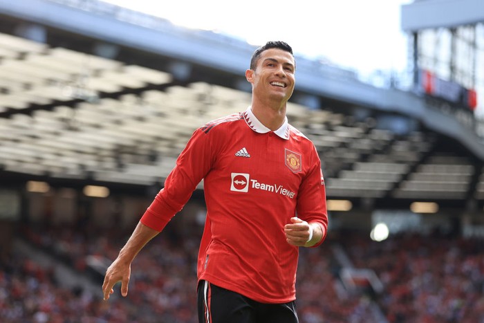 MANCHESTER, ENGLAND - JULY 31: Cristiano Ronaldo of Manchester United smiles during the Pre-Season Friendly match between Manchester United and Rayo Vallecano at Old Trafford on July 31, 2022 in Manchester, England. (Photo by Simon Stacpoole/Offside/Offside via Getty Images)