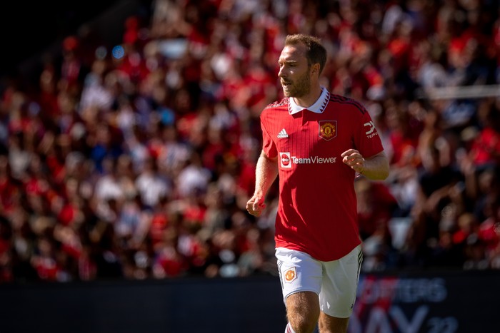 OSLO, NORWAY - JULY 30: Christian Eriksen of Manchester United in action during the pre-season friendly match between Manchester United and Atletico Madrid at Ullevaal Stadion on July 30, 2022 in Oslo, Norway. (Photo by Ash Donelon/Manchester United via Getty Images)