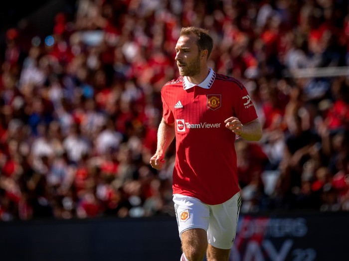OSLO, NORWAY - JULY 30: Christian Eriksen of Manchester United in action during the pre-season friendly match between Manchester United and Atletico Madrid at Ullevaal Stadion on July 30, 2022 in Oslo, Norway. (Photo by Ash Donelon/Manchester United via Getty Images)