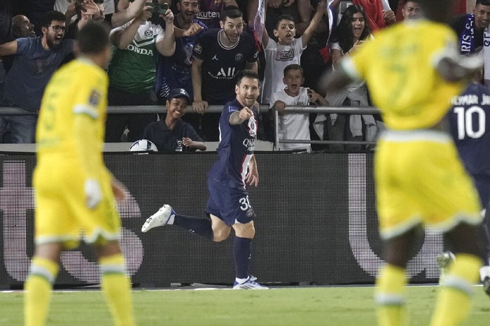 Lionel Messi PSG's Lionel Messi celebrates after scoring his side's opening goal during the French Super Cup final soccer match between Nantes and Paris Saint-Germain at Bloomfield Stadium in Tel Aviv, Israel, Sunday, July 31, 2022. (AP Photo/Ariel Schalit)