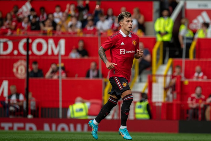 MANCHESTER, ENGLAND - JULY 31:   Lisandro Martinez of Manchester United in action during the pre-season friendly match between Manchester United and Rayo Vallecano at Old Trafford on July 31, 2022 in Manchester, England. (Photo by Ash Donelon/Manchester United via Getty Images)