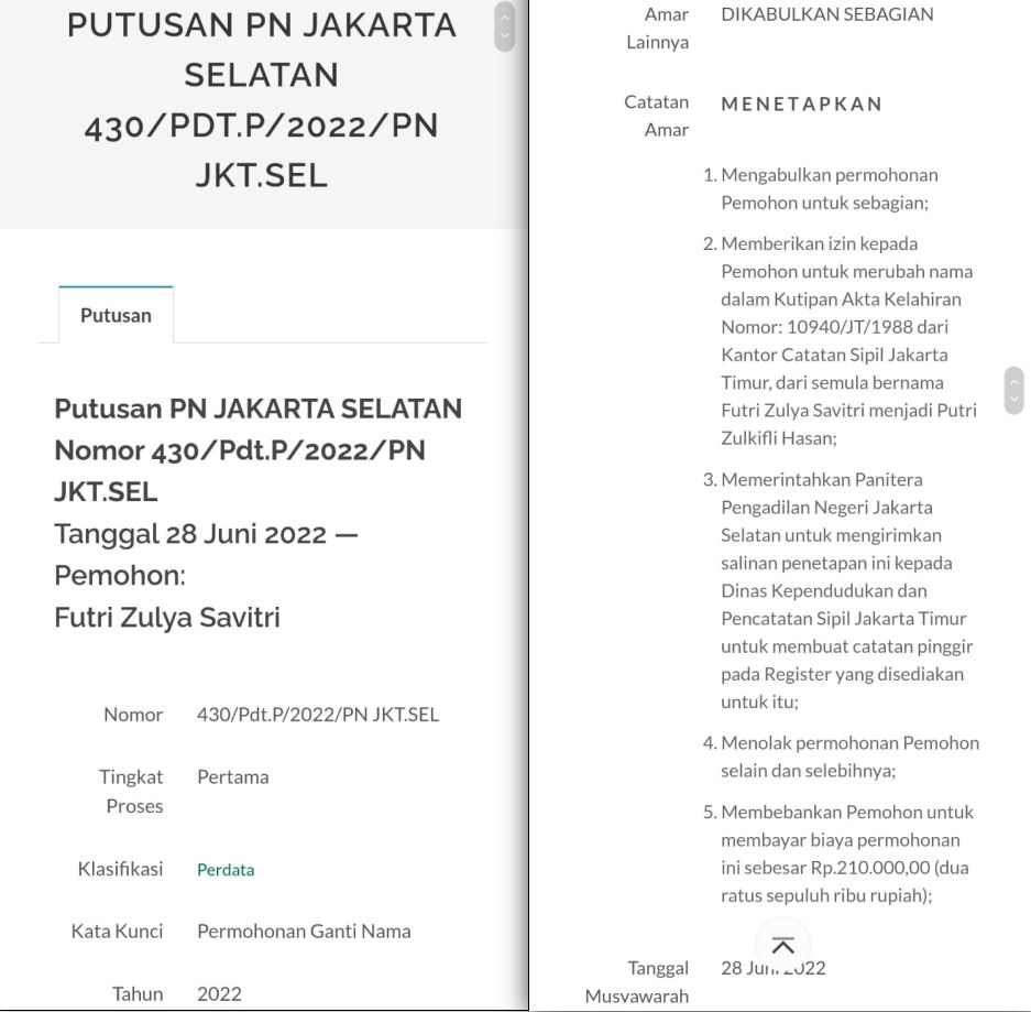 Surat Ketetapan PN Jakarta Selatan soal Futri Zulya Savitri