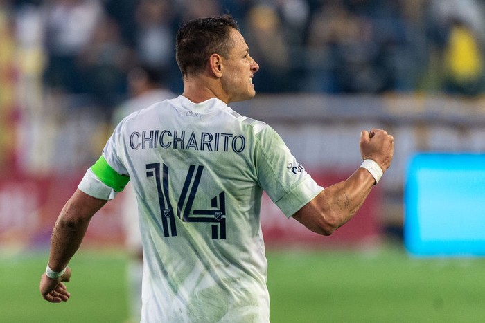 CARSON, CA - NOVEMBER 7: Javier Hernandez #14 of Los Angeles Galaxy celebrates his second goal during the match against Minnesota United FC at the Dignity Health Sports Park on November 7, 2021 in Carson, California. The match ended in a 3-3 draw  (Photo by Shaun Clark/Getty Images)
