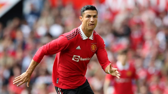 MANCHESTER, ENGLAND - JULY 31: Christiano Ronaldo of Manchester United during the Pre-Season Friendly match between Manchester United and Rayo Vallecano at Old Trafford on July 31, 2022 in Manchester, England. (Photo by Jan Kruger/Getty Images)