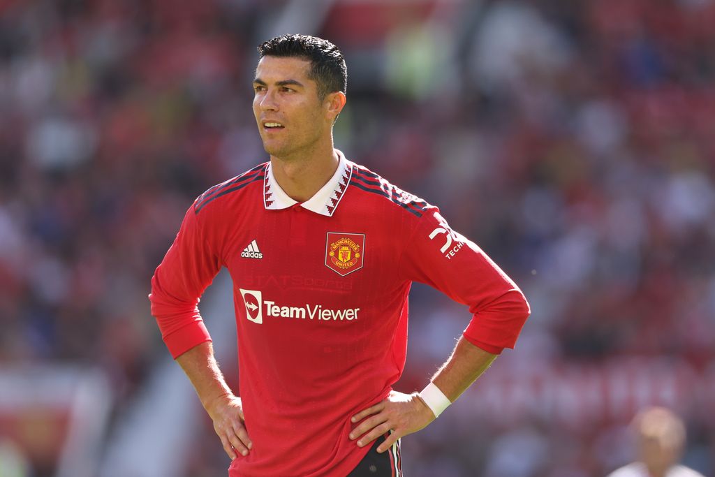 MANCHESTER, ENGLAND - JULY 31: Cristiano Ronaldo of Manchester United during the pre-season friendly between Manchester United and Rayo Vallecano at Old Trafford on July 31, 2022 in Manchester, England. (Photo by Matthew Ashton - AMA/Getty Images)