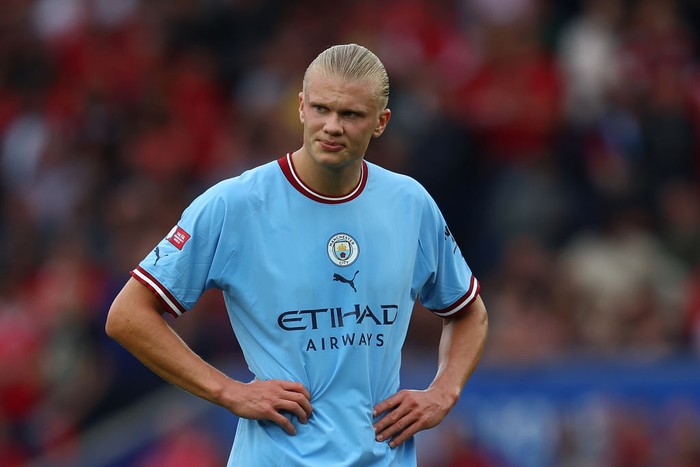 LEICESTER, ENGLAND - JULY 30: Erling Haaland of Manchester City looks on during the FA Community Shield between Manchester City and Liverpool at The King Power Stadium on July 30, 2022 in Leicester, England. (Photo by Chris Brunskill/Fantasista/Getty Images)