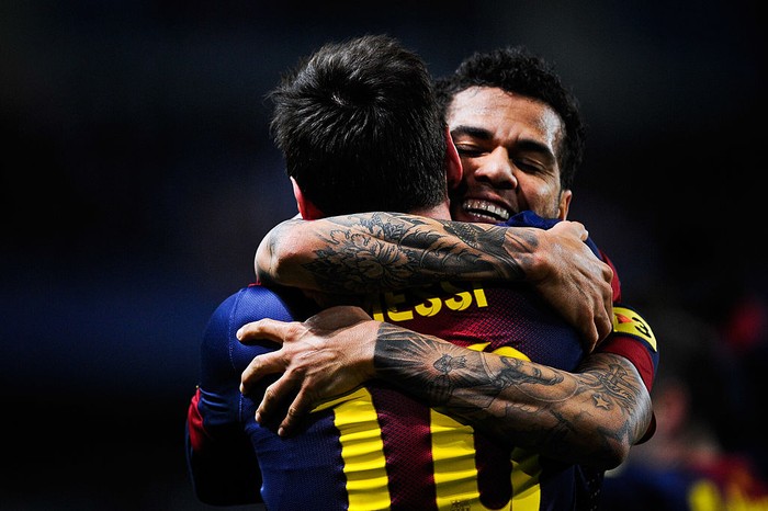 Lionel Messi, Dani Alves Juventus Defender from Brazil Dani Alves celebrates with the trophy after winning the Italian Serie A football match Juventus vs Crotone and the
