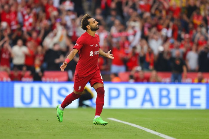 LEICESTER, ENGLAND - JULY 30: Mohamed Salah of Liverpool celebrates after scoring his sides second goal during the FA Community Shield final between Manchester City and Liverpool at The King Power Stadium on July 30, 2022 in Leicester, England. (Photo by James Gill - Danehouse/Getty Images)