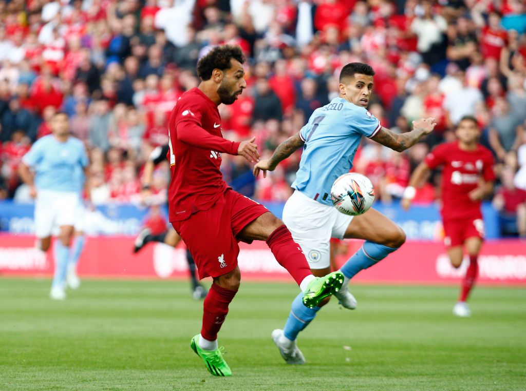 LEICESTER, ENGLAND - JULY 30: Mohamed Salah of Liverpool celebrates after scoring his side's second goal during the FA Community Shield final between Manchester City and Liverpool at The King Power Stadium on July 30, 2022 in Leicester, England. (Photo by James Gill - Danehouse/Getty Images)