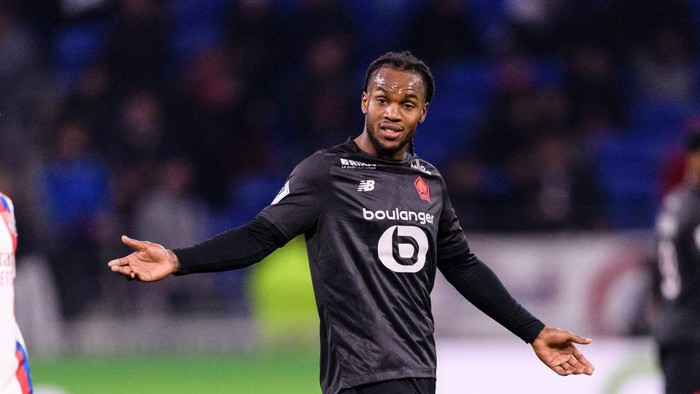LYON, FRANCE - FEBRUARY 27: Renato Sanches of Lille gestures during the Ligue 1 Uber Eats match between Olympique Lyonnais and Lille OSC at Groupama Stadium on February 27, 2022 in Lyon, France. (Photo by Marcio Machado/Eurasia Sport Images/Getty Images)